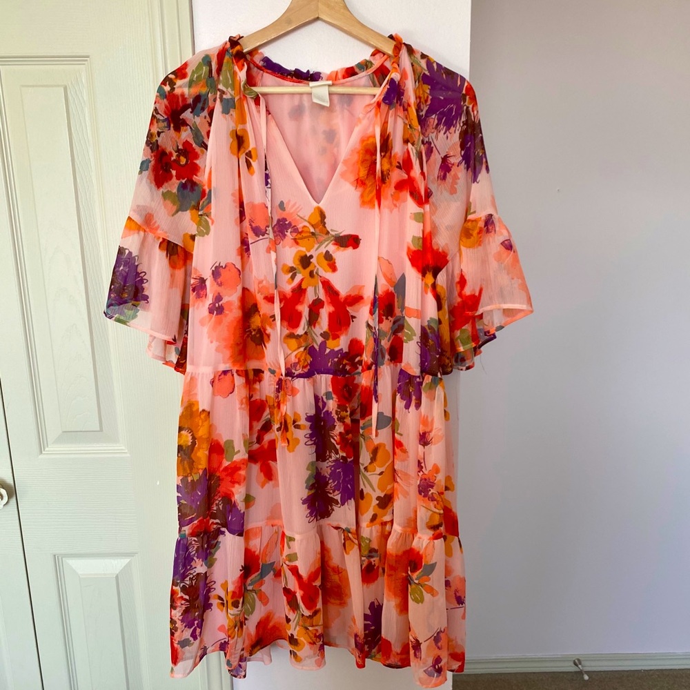 H&M Pink Floral Tiered Swing Dress Size XL